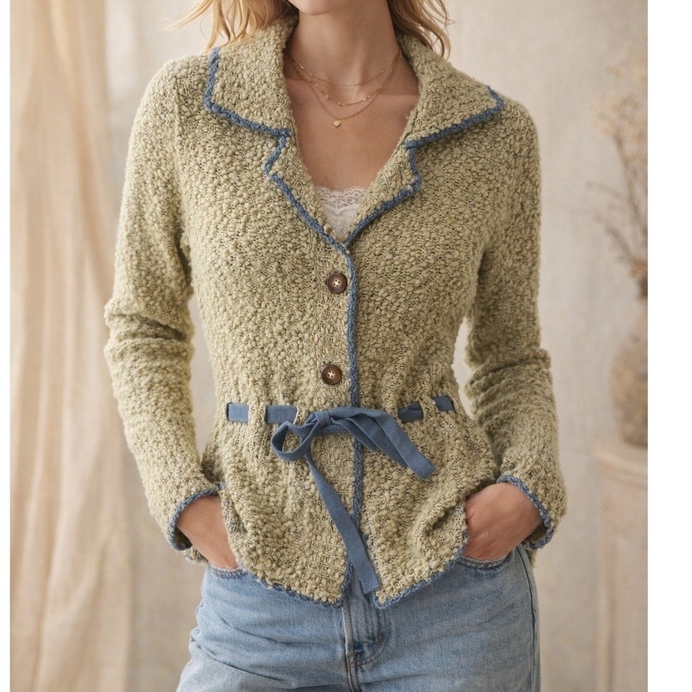 One Girl Who Anthropologie‎ Textured Knit Cardigan Tie Waist Green- Size Small